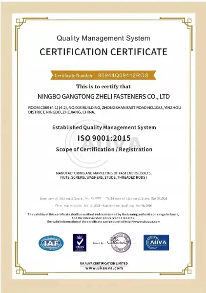 ISO9001 quality management system certificate for fastener manufacturer Ningbo Gangtong Zheli Fasteners