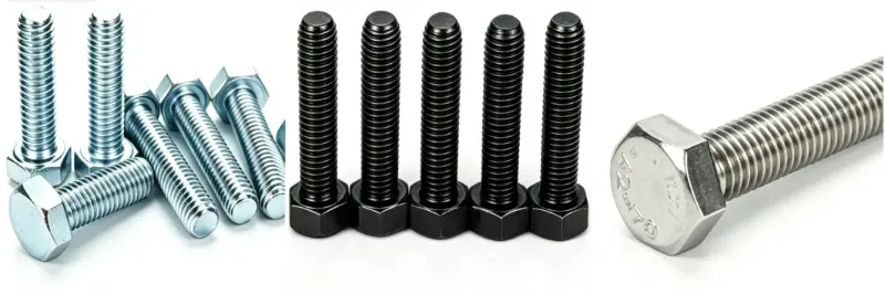 DIN933 hex bolts comparison with different surface finishes: zinc plated, black oxide, SS304 stainless steel